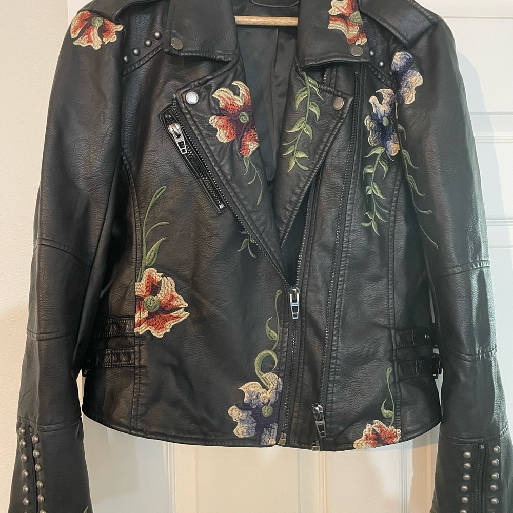 Faux leather embroidered motorcycle jacket
